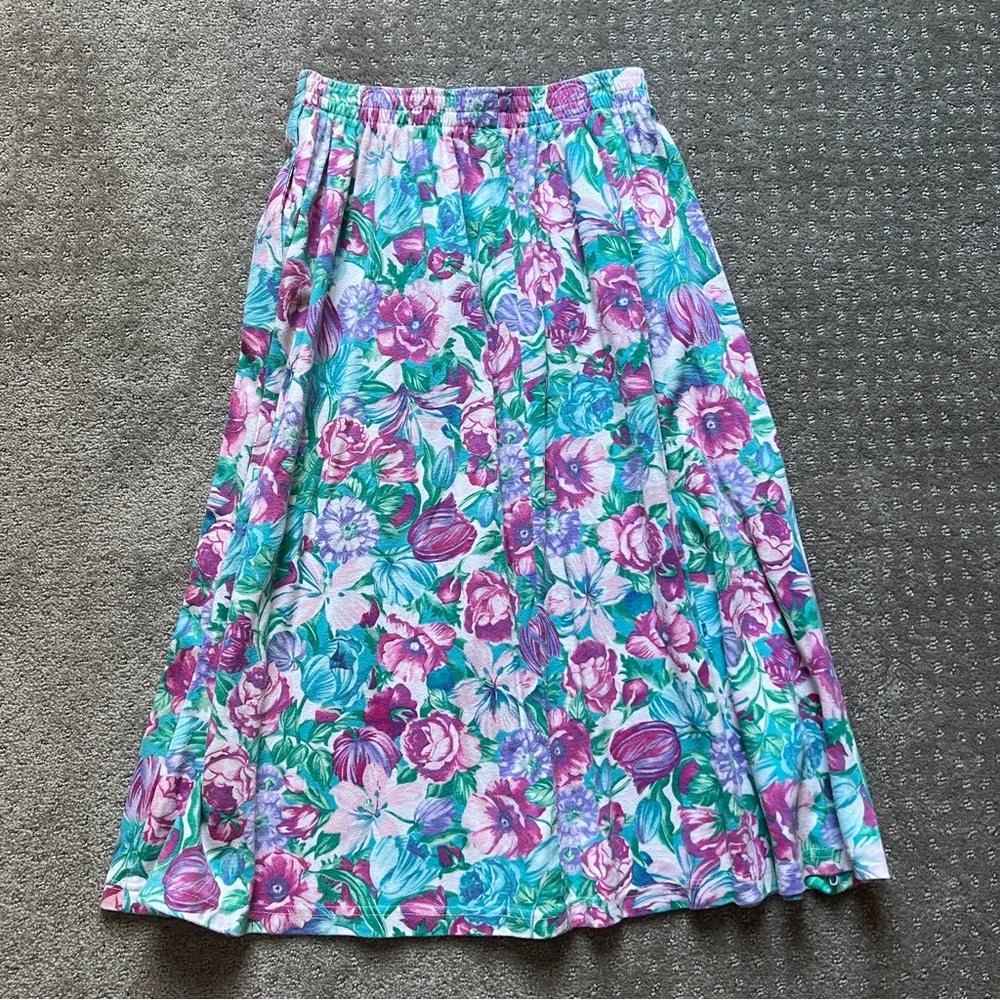 Vintage Soft Cotton Jersey 80s 90s Floral A-Line Pockets Midi Knee Skirt